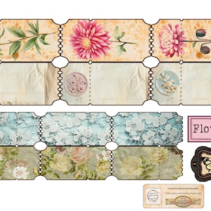 K&ouml;nnte beinhalten: Ein Satz von Vintage-Tickets aus Papier mit floralen Designs, darunter rosa Pfingstrosen, rosa Dahlien und Spitzenmuster. Das Set enth&auml;lt auch eine Schmetterlingsgrafik und das Wort "Flowers" in einem rosa Rechteck.