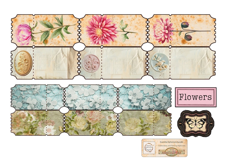 K&ouml;nnte beinhalten: Ein Satz von Vintage-Tickets aus Papier mit floralen Designs, darunter rosa Pfingstrosen, rosa Dahlien und Spitzenmuster. Das Set enth&auml;lt auch eine Schmetterlingsgrafik und das Wort "Flowers" in einem rosa Rechteck.