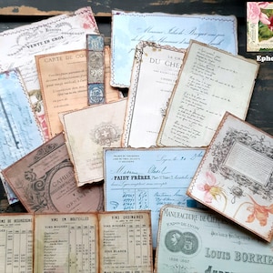 May include: A set of vintage French ephemera featuring handwritten notes, labels, and illustrations. The ephemera is printed on aged paper with a distressed look. The set includes a label for "Vente en Gros", a card for "Carte de Commande", a handwritten note with the text "Du Cher", a label for "Faidy Frères", a label for "Manufacture de Cierges", and a label for "Louis Borrie".