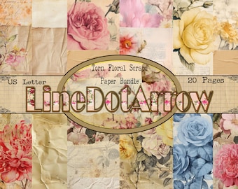 Torn Floral Scraps Paper Bundle-20 pages in US Letter Size- instant download