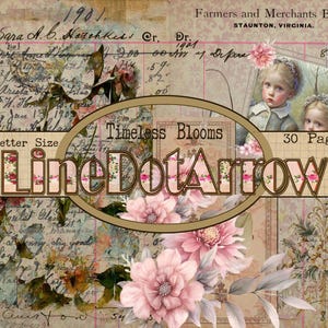 May include: A vintage collage with floral and script elements. The design features a central oval with the text "Timeless Blooms" and "LineDotArrow". The background includes images of children and ledger paper.