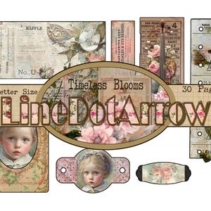 May include: A collection of vintage-style ephemera featuring floral and portrait designs. The collage includes tickets, labels, and an oval banner with the text "Timeless Blooms" and "Line Dot Arrow". The colour scheme uses soft pinks, creams, and browns.