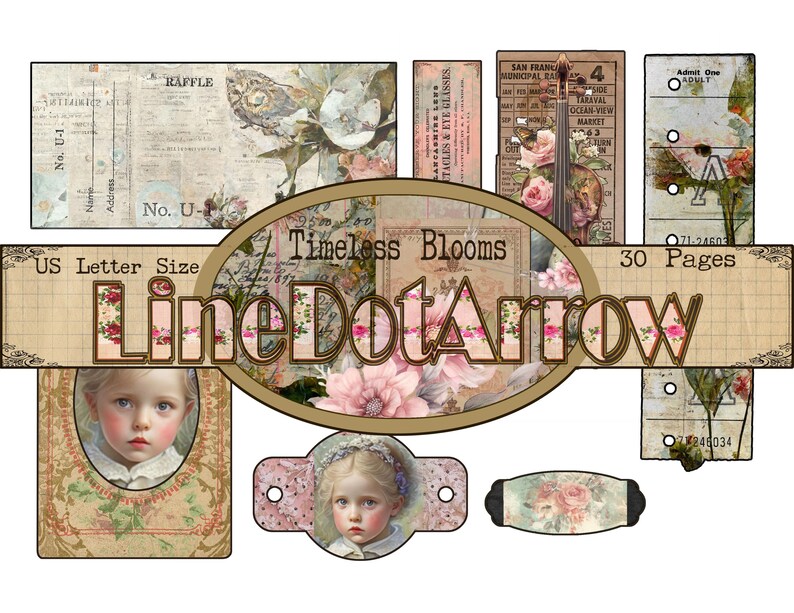 May include: A collection of vintage-style ephemera featuring floral and portrait designs. The collage includes tickets, labels, and an oval banner with the text "Timeless Blooms" and "Line Dot Arrow". The colour scheme uses soft pinks, creams, and browns.