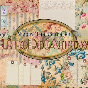 May include: A digital collage kit with 23 pages of floral patterns, including shabby chic, vintage, and floral designs. The kit is titled "Shabby Floral Journal Kit" and includes the text "LineDotArrow".
