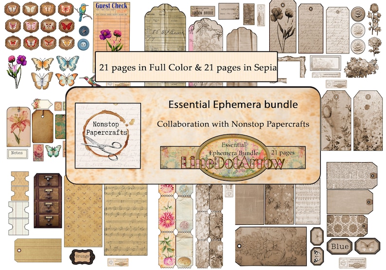 K&ouml;nnte beinhalten: Ein digitales Collage-Blatt mit 21 Seiten Vintage-Ephemera in Vollfarbe und 21 Seiten in Sepia. Das Blatt enth&auml;lt Etiketten, Etiketten, Blumenmuster, Notenbl&auml;tter und andere dekorative Elemente. Der Text "Essential Ephemera Bundle" und "Collaboration with Nonstop Papercrafts" ist auf dem Blatt enthalten.