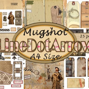 Może przedstawiać: Kolaż w stylu vintage z motywem detektywistycznym. Zawiera schowek, zdjęcia, etykiety i tekst "Mugshot LineDotArrow A4 Size 25 pages". Paleta kolorów to głównie beż, brąz i odcienie sepii.