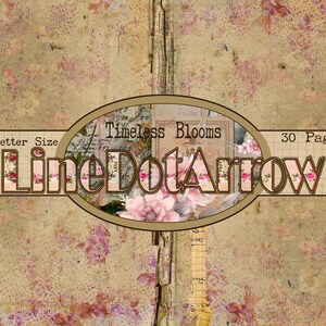 May include: A vintage-style journal with a floral design and the text "LineDotArrow." The journal features the words "Timeless Blooms" and "30 Pages." The background has a textured, aged appearance with floral patterns and the words "US Letter Size."
