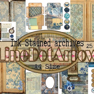 Op de afbeelding: Een collage van vintage scrapbook-elementen. Bevat papieren met patronen, enveloppen en efemera met bloemen- en damastontwerpen in blauw en crème. De tekst "Ink Stained Archives" en "Line Dot Arrow" is zichtbaar.