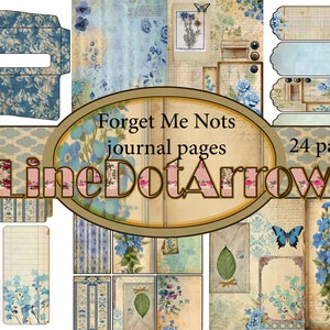 May include: A set of 24 printable journal pages featuring a forget-me-not flower theme. The pages are in shades of blue, brown, and white with a vintage aesthetic. The title "Forget Me Nots journal pages" is displayed in a brown oval with a floral design.
