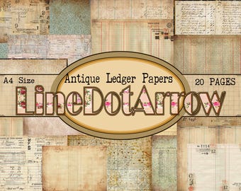 Antique Ledger Papers A4 Size- instant download - 20 Pages