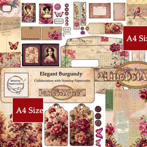 Puede incluir: Una hoja de collage digital con imágenes de flores, mariposas, postales vintage y marcos. La hoja se titula "Elegant Burgundy" y es una colaboración con Nonstop Papercrafts. La hoja es de tamaño A4.