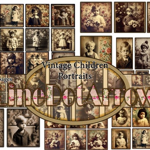 May include: A collage of vintage photographs of children, featuring various poses and clothing styles. The images are arranged in a grid pattern and have a faded, sepia tone. The text "Vintage Children Portraits" is displayed at the top of the collage.