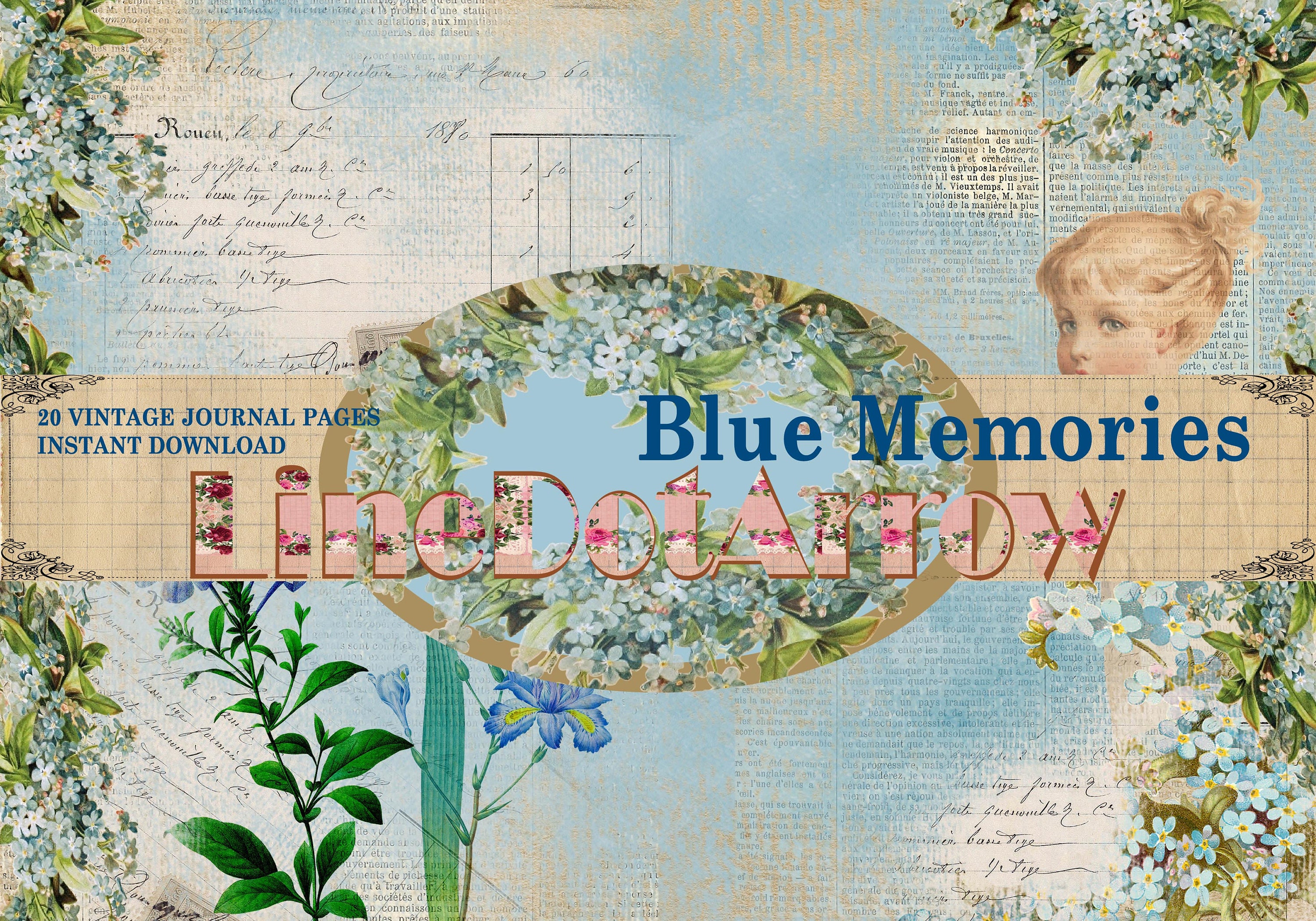 Blue Memories- Vintage Junk Journal Kit 20 Pages-instant