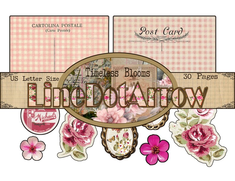 May include: A collection of vintage floral designs and postcards. The design includes pink roses, decorative frames, and the text "Timeless Blooms" and "LineDotArrow". The postcards have a pink gingham pattern.