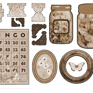 K&ouml;nnte beinhalten: Ein digitales Papierpaket im Vintage-Stil mit Sepiat&ouml;nen. Das Paket enth&auml;lt Bilder von Einmachgl&auml;sern, einer Bingokarte, einem Schmetterling und Rahmen. Der Text auf der Bingokarte lautet "BINGO" und enth&auml;lt Zahlen von 1 bis 75.