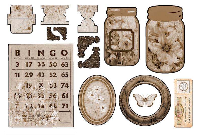 K&ouml;nnte beinhalten: Ein digitales Papierpaket im Vintage-Stil mit Sepiat&ouml;nen. Das Paket enth&auml;lt Bilder von Einmachgl&auml;sern, einer Bingokarte, einem Schmetterling und Rahmen. Der Text auf der Bingokarte lautet "BINGO" und enth&auml;lt Zahlen von 1 bis 75.