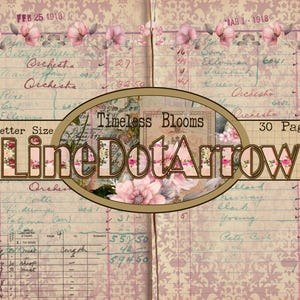 May include: Vintage journal pages with floral decorations. The pages display handwritten notes, ledger entries, and the text "Timeless Blooms" and "LineDotArrow". The journal is US Letter Size and has 30 pages.