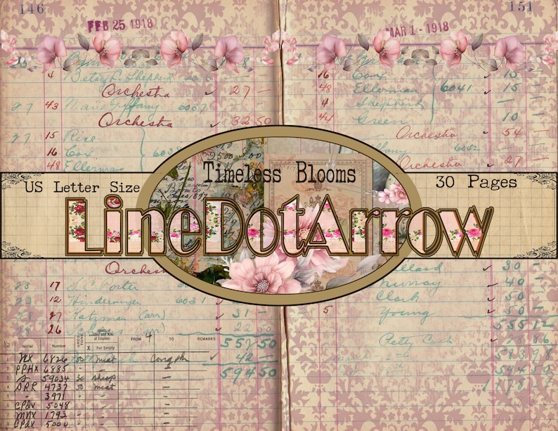May include: Vintage journal pages with floral decorations. The pages display handwritten notes, ledger entries, and the text "Timeless Blooms" and "LineDotArrow". The journal is US Letter Size and has 30 pages.