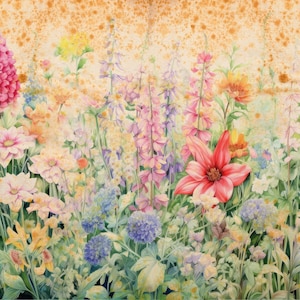 K&ouml;nnte beinhalten: Ein Aquarellgem&auml;lde eines Feldes mit Wildblumen in Rosa-, Lila-, Blau- und Gelbt&ouml;nen. Die Blumen sind in einem lockeren, nat&uuml;rlichen Muster angeordnet, und der Hintergrund ist ein sanftes, goldgelb.