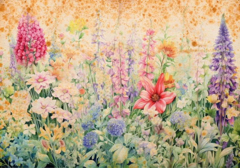K&ouml;nnte beinhalten: Ein Aquarellgem&auml;lde eines Feldes mit Wildblumen in Rosa-, Lila-, Blau- und Gelbt&ouml;nen. Die Blumen sind in einem lockeren, nat&uuml;rlichen Muster angeordnet, und der Hintergrund ist ein sanftes, goldgelb.