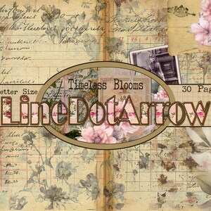 May include: A digital paper pack with a vintage aesthetic, featuring floral and botanical elements. The design incorporates aged paper textures, handwritten script, and floral illustrations in soft pinks and greens. The image text includes "Timeless Blooms" and "LineDotArrow".