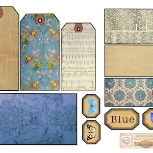 K&ouml;nnte beinhalten: Ein Satz digitaler Papieretiketten in Blau- und Braunt&ouml;nen. Die Etiketten zeigen verschiedene Muster, darunter florale, musikalische und geometrische Designs. Der Text "Blau" ist auf einem der Etiketten enthalten. Der Text "Essential Ephemera Bundle" ist auf einem kleineren Etikett enthalten.