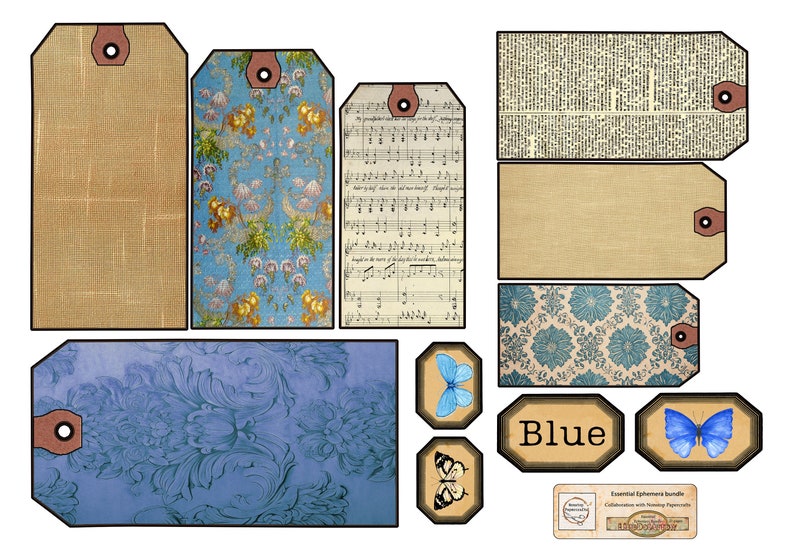 K&ouml;nnte beinhalten: Ein Satz digitaler Papieretiketten in Blau- und Braunt&ouml;nen. Die Etiketten zeigen verschiedene Muster, darunter florale, musikalische und geometrische Designs. Der Text "Blau" ist auf einem der Etiketten enthalten. Der Text "Essential Ephemera Bundle" ist auf einem kleineren Etikett enthalten.