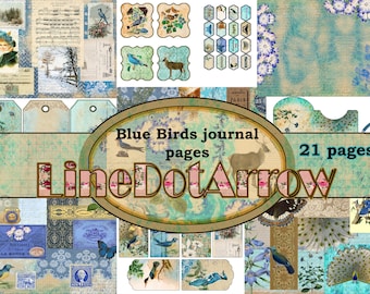 Blue Birds journal pages /Vintage Blue themed junkjournal kit/instant download 21 pages