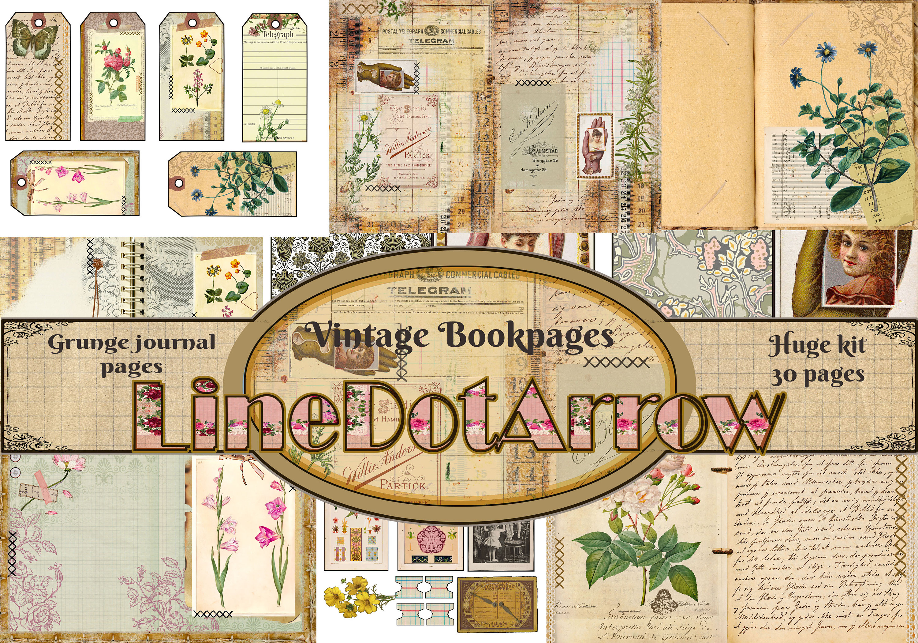 Vintage Bookpages/huge Kit/grunge Journal Pages/instant Download/30 ...