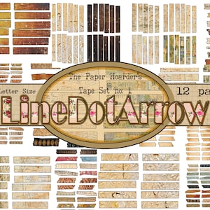 May include: A digital collage sheet with assorted vintage paper tape strips in brown, beige, and cream tones. The design incorporates text and floral elements. The text "The Paper Hoarder's Tape Set no. 1" and "LineDotArrow" are displayed.