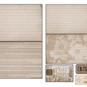 K&ouml;nnte beinhalten: Ein digitales Papierpaket mit Vintage-&Auml;sthetik. Das Paket enth&auml;lt liniertes Papier, floral gemustertes Papier und ein Etikett mit der Nummer 35. Das Paket enth&auml;lt auch ein Etikett mit dem Text "Paper Company" und der Nummer 953815. Das Paket tr&auml;gt den Titel "Essential Ephemera Bundle" und enth&auml;lt den Text "Collaboration with Nancy Papenfuss".