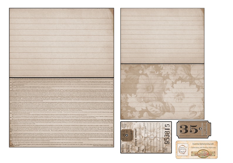 K&ouml;nnte beinhalten: Ein digitales Papierpaket mit Vintage-&Auml;sthetik. Das Paket enth&auml;lt liniertes Papier, floral gemustertes Papier und ein Etikett mit der Nummer 35. Das Paket enth&auml;lt auch ein Etikett mit dem Text "Paper Company" und der Nummer 953815. Das Paket tr&auml;gt den Titel "Essential Ephemera Bundle" und enth&auml;lt den Text "Collaboration with Nancy Papenfuss".