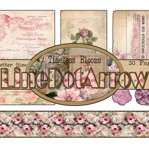 May include: A collection of vintage-style ephemera featuring floral and botanical illustrations. The design incorporates postcards, labels, and decorative elements with the text "Timeless Blooms", "LineDotArrow", and "30 Pages". The colour scheme is soft pinks, creams, and browns.