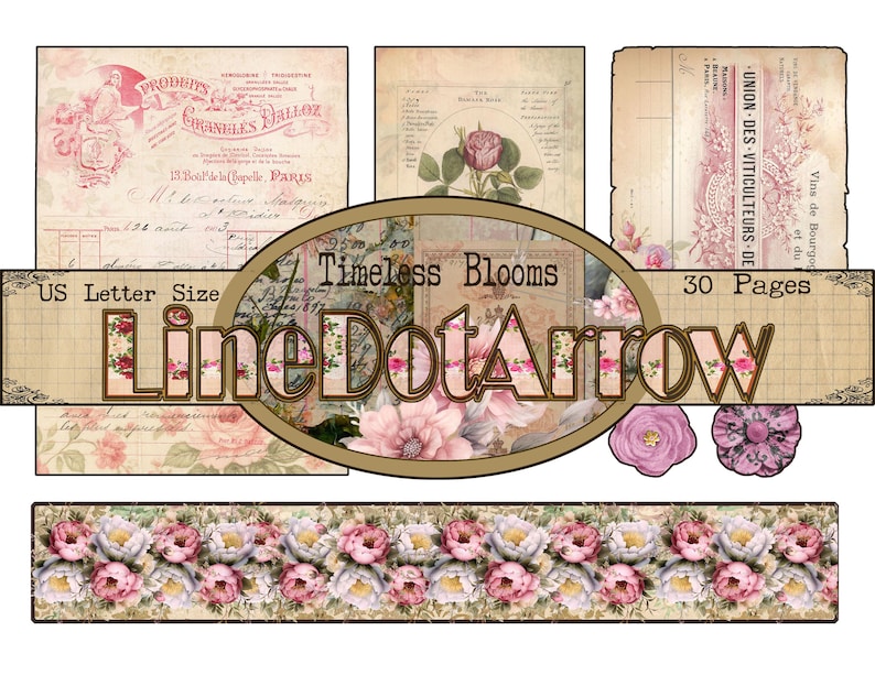 May include: A collection of vintage-style ephemera featuring floral and botanical illustrations. The design incorporates postcards, labels, and decorative elements with the text "Timeless Blooms", "LineDotArrow", and "30 Pages". The colour scheme is soft pinks, creams, and browns.