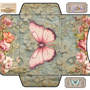 K&ouml;nnte beinhalten: Eine druckbare Umschlagvorlage mit einem Blumendesign und einem rosa Schmetterling. Der Umschlag hat ein Spitzenmuster und enth&auml;lt Tickets mit der Nummer 615127.