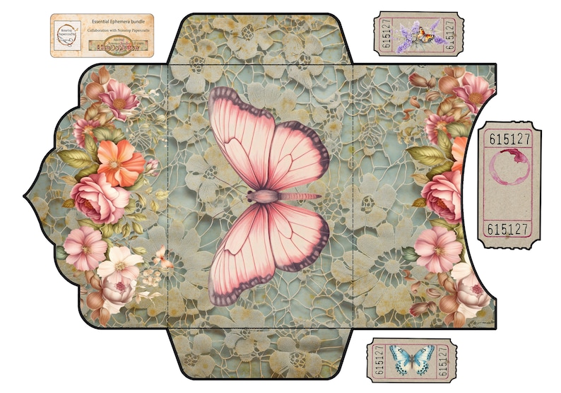 K&ouml;nnte beinhalten: Eine druckbare Umschlagvorlage mit einem Blumendesign und einem rosa Schmetterling. Der Umschlag hat ein Spitzenmuster und enth&auml;lt Tickets mit der Nummer 615127.