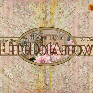 May include: A vintage journal with a floral and lace design. The cover features the text "Timeless Blooms" and "LineDotArrow" with a US Letter Size and 30 Pages label. The background has a pink and cream color scheme.