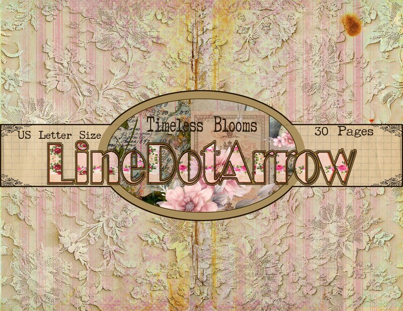 May include: A vintage journal with a floral and lace design. The cover features the text "Timeless Blooms" and "LineDotArrow" with a US Letter Size and 30 Pages label. The background has a pink and cream color scheme.