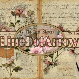 May include: A vintage-style journal spread with floral and script elements. The design features pink flowers, handwritten text, and the text "Timeless Blooms" and "LineDotArrow". The journal is US Letter Size and has 30 pages.
