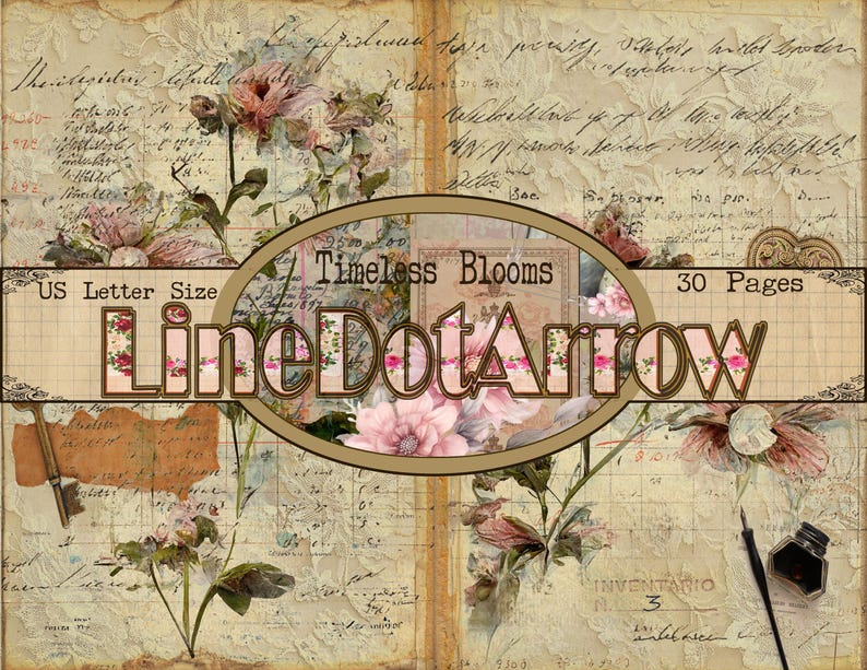 May include: A vintage-style journal spread with floral and script elements. The design features pink flowers, handwritten text, and the text "Timeless Blooms" and "LineDotArrow". The journal is US Letter Size and has 30 pages.