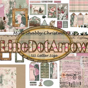 May include: A collage of vintage-style Christmas ephemera, including tags, frames, and floral illustrations in soft pinks, greens, and creams. The text "Mini Shabby Christmas Kit" and "LineDotArrow" are visible.