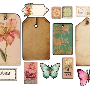 K&ouml;nnte beinhalten: Ein Satz von Vintage-Style-Druckvorlagen f&uuml;r Etiketten und Ephemera mit Blumen- und Schmetterlingsmotiven. Die Etiketten sind braun, beige und gr&uuml;n mit Blumenmustern und dem Text "Notes".