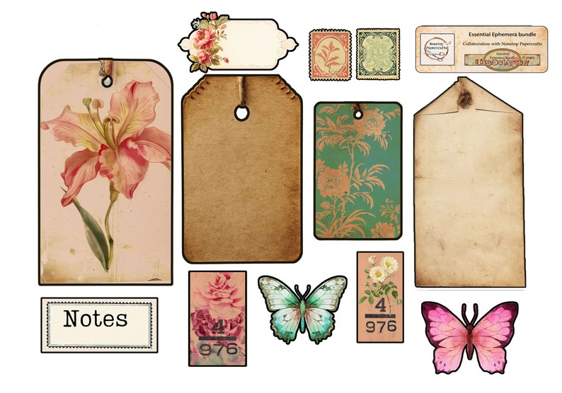 K&ouml;nnte beinhalten: Ein Satz von Vintage-Style-Druckvorlagen f&uuml;r Etiketten und Ephemera mit Blumen- und Schmetterlingsmotiven. Die Etiketten sind braun, beige und gr&uuml;n mit Blumenmustern und dem Text "Notes".
