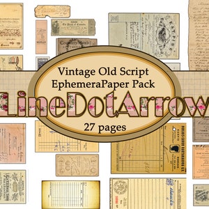 May include: A digital paper pack with 27 pages of vintage script ephemera. The pack includes various old documents, receipts, and labels with handwritten text. The title of the pack is "Vintage Old Script EphemeraPaper Pack" and the name of the creator is "LineDotArrow".