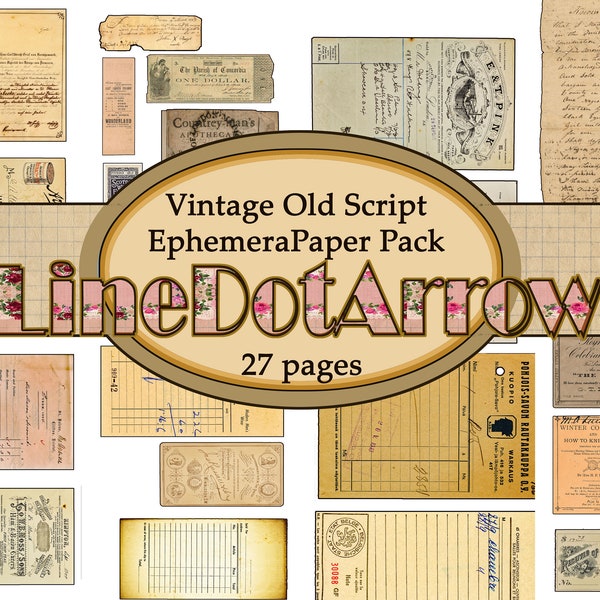 Vintage Old Script Ephemera Paper Package/descarga instantánea 27 páginas