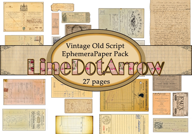 Vintage Old Script Ephemera Paper Package/instant download 27 pages image 1
