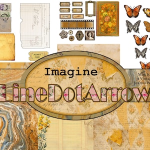 Op de afbeelding: Een digitale collagekit met 8 vintage journalpagina's met een marmerachtige achtergrond, bloemmotieven en handschrift. De kit bevat verschillende elementen zoals een filmstrip, een sleutel, een ticket en vlinders. De tekst "Imagine LineDotArrow" wordt weergegeven in een decoratief kader.