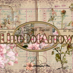 May include: A vintage journal page with floral and ledger elements. The design features faded pink flowers, handwritten notes, and the text "Timeless Blooms" and "LineDotArrow." The journal is US Letter Size and has 30 pages.