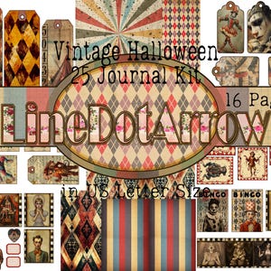 May include: A vintage Halloween journal kit with various elements. The design includes tags, bingo cards, and decorative pages. The central text reads "Vintage Halloween 25 Journal Kit 16 Pages" with the LineDotArrow logo. The kit is in US Letter size.