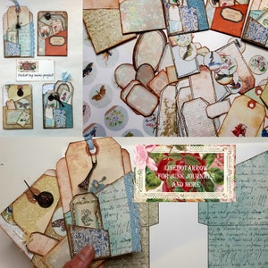 May include: A collection of vintage-style paper tags with floral and bird designs. The tags are decorated with lace, ribbons, and other embellishments. The text "LINEDOTARROW FOR JUNK JOURNALS AND MORE" is printed on one of the tags.